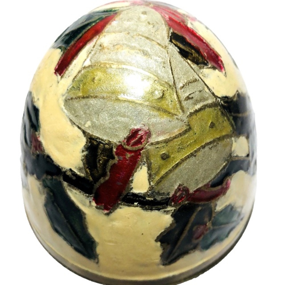 Vintage Brass Cloisonné Christmas Trinket Egg Hand Crafted Bells Holly